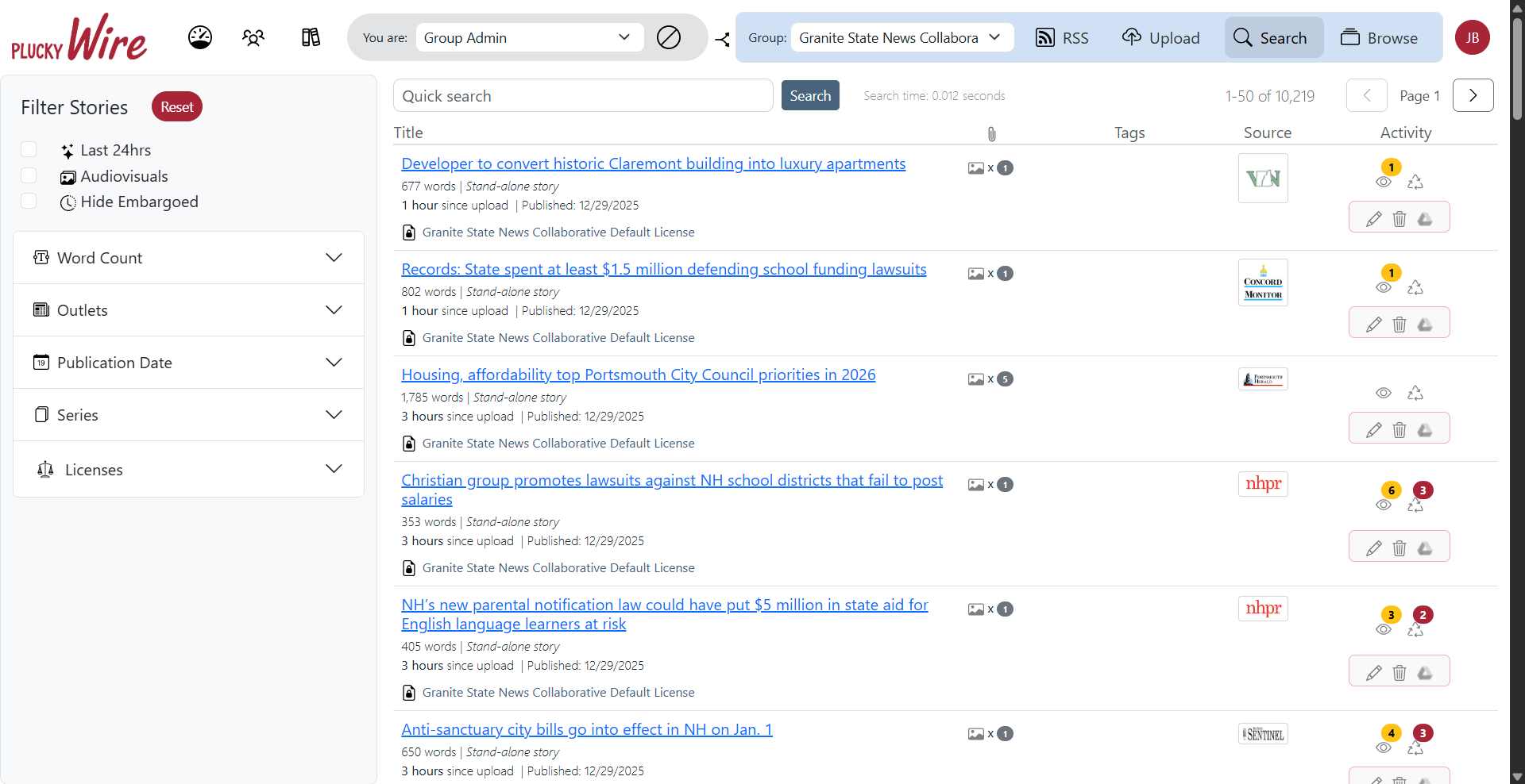 Plucky Wire search interface